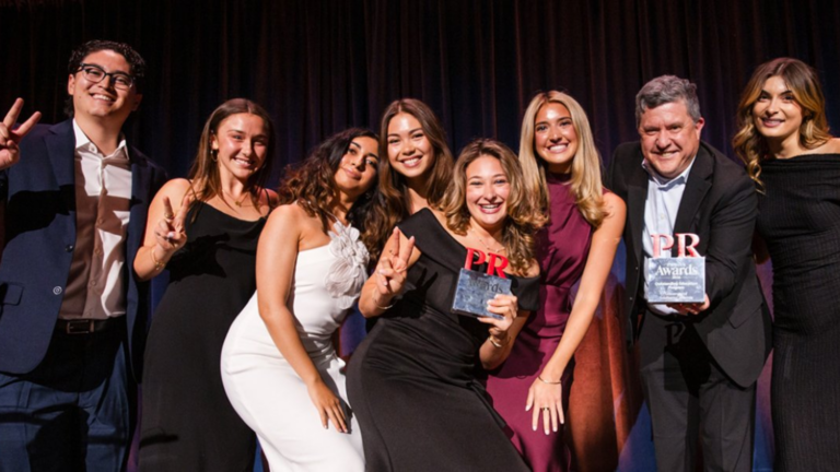 From left to right: Toma Battino, Ava Nicols, Aanal Doshi, Sophie Ho, Sophie Schaked, Jacqueline Franco, Ron Antonette and Jada Bean celebrate during the PRWeek Awards ceremony in New York City. Photo by Erica Berger